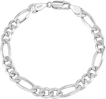 925 Sterling Silver Italian Diamond-Cut Figaro Link Chain Bracelet for Men