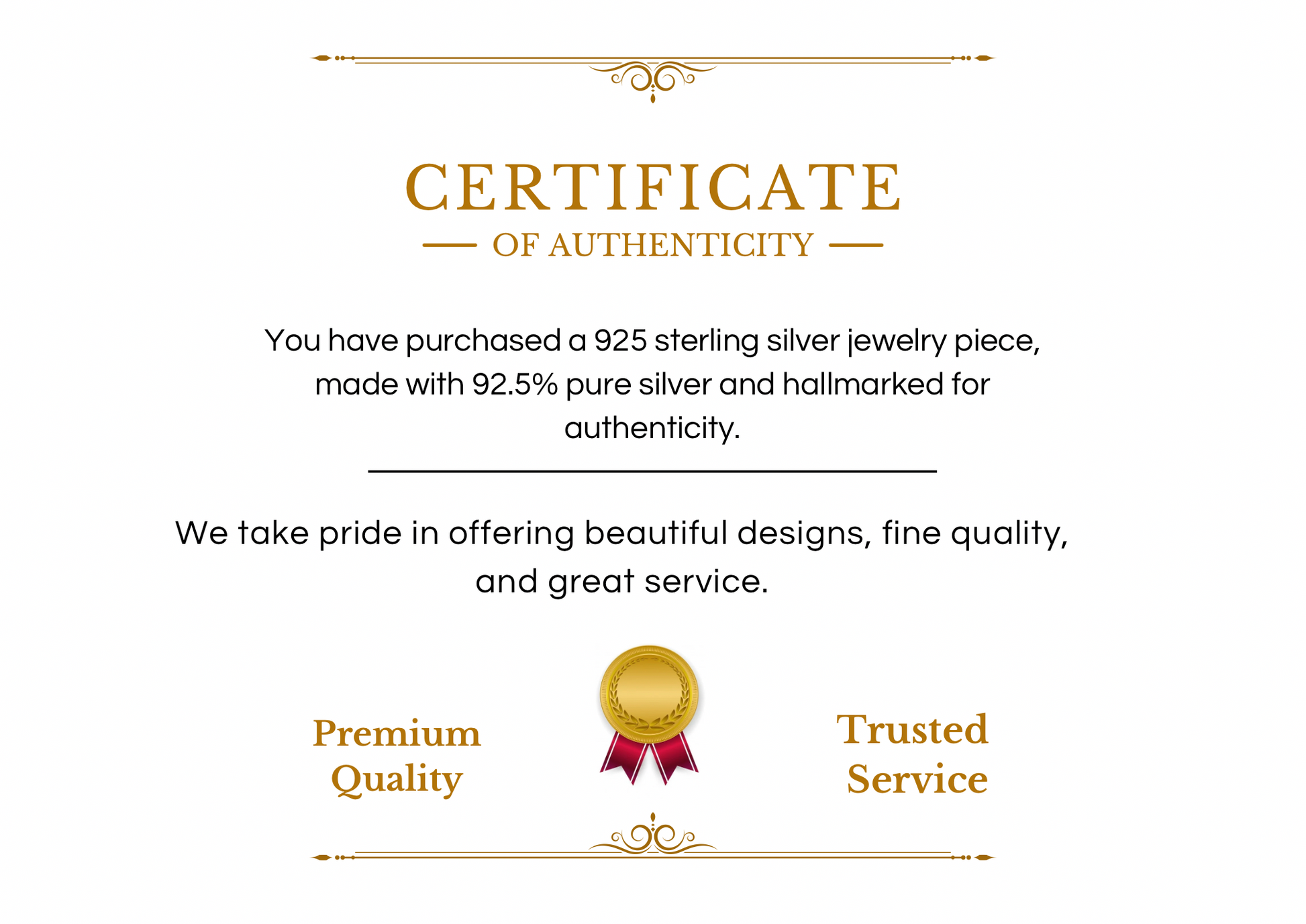 Authenticity certificate card for 925 sterling silver ring with purity details
