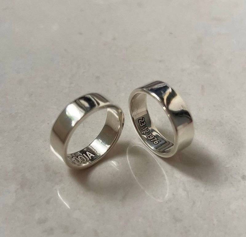 925 silver couple ring with name and date 
